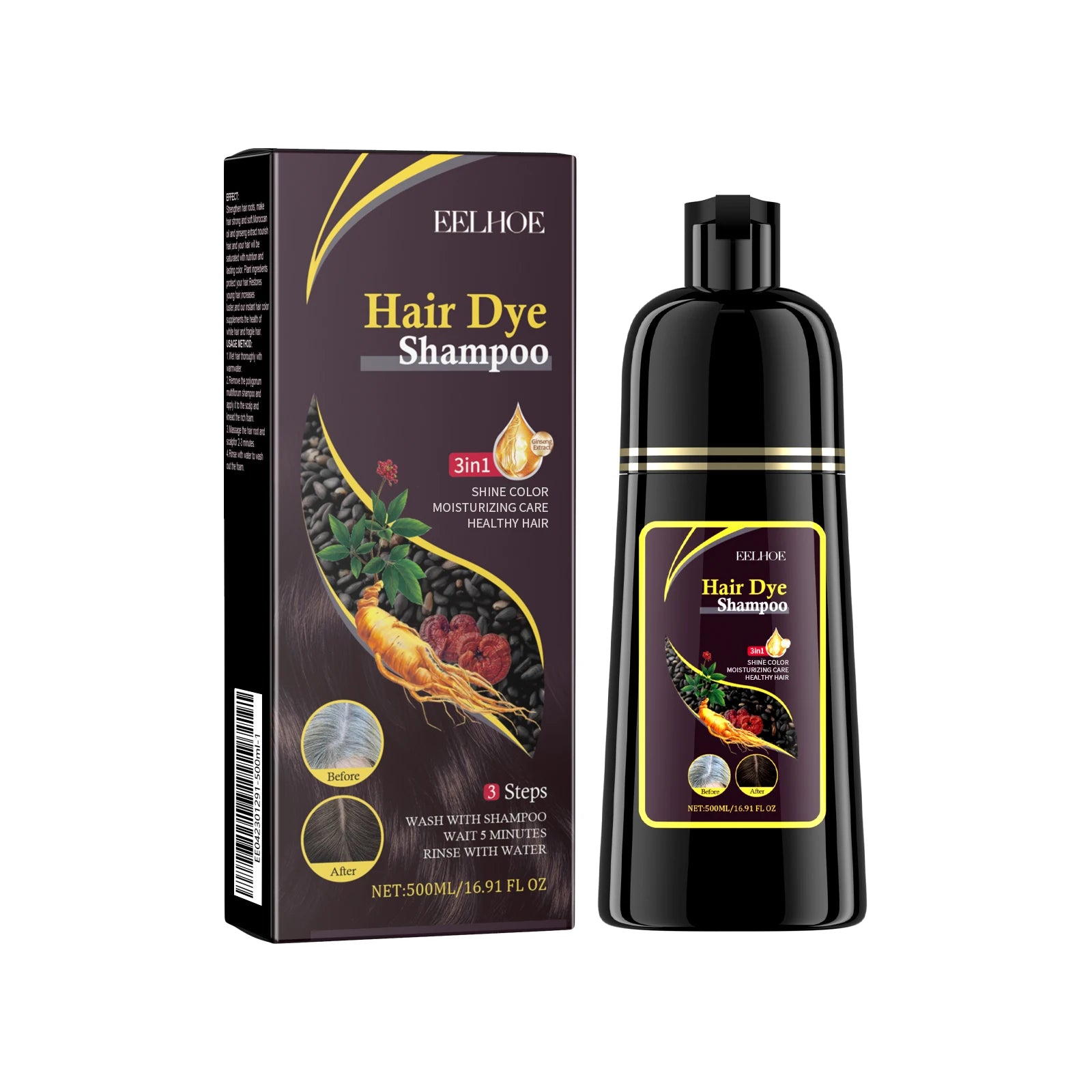 EELHOE Deep‑Nourishing Brown Hair Dye Shampoo – 500ml Gray Coverage & Scalp‑Health Formula  $27.99