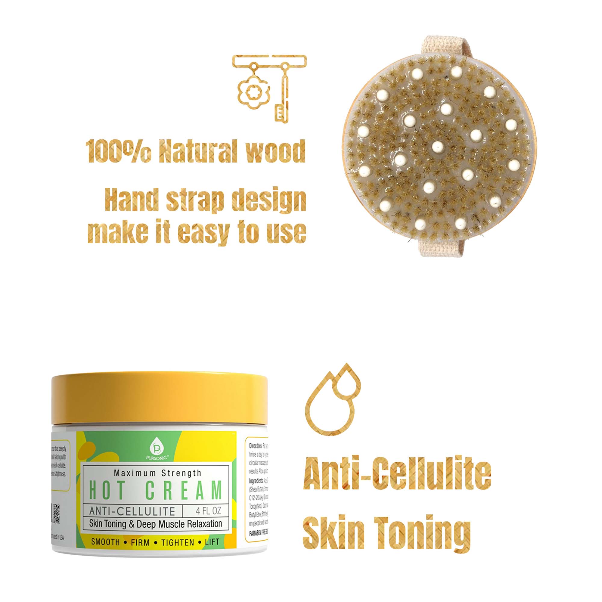 Anti‑Cellulite Hot Cream Bundle – Muscle Relief Cream + Lotus Wood Bath Brush & Massager $24.99
