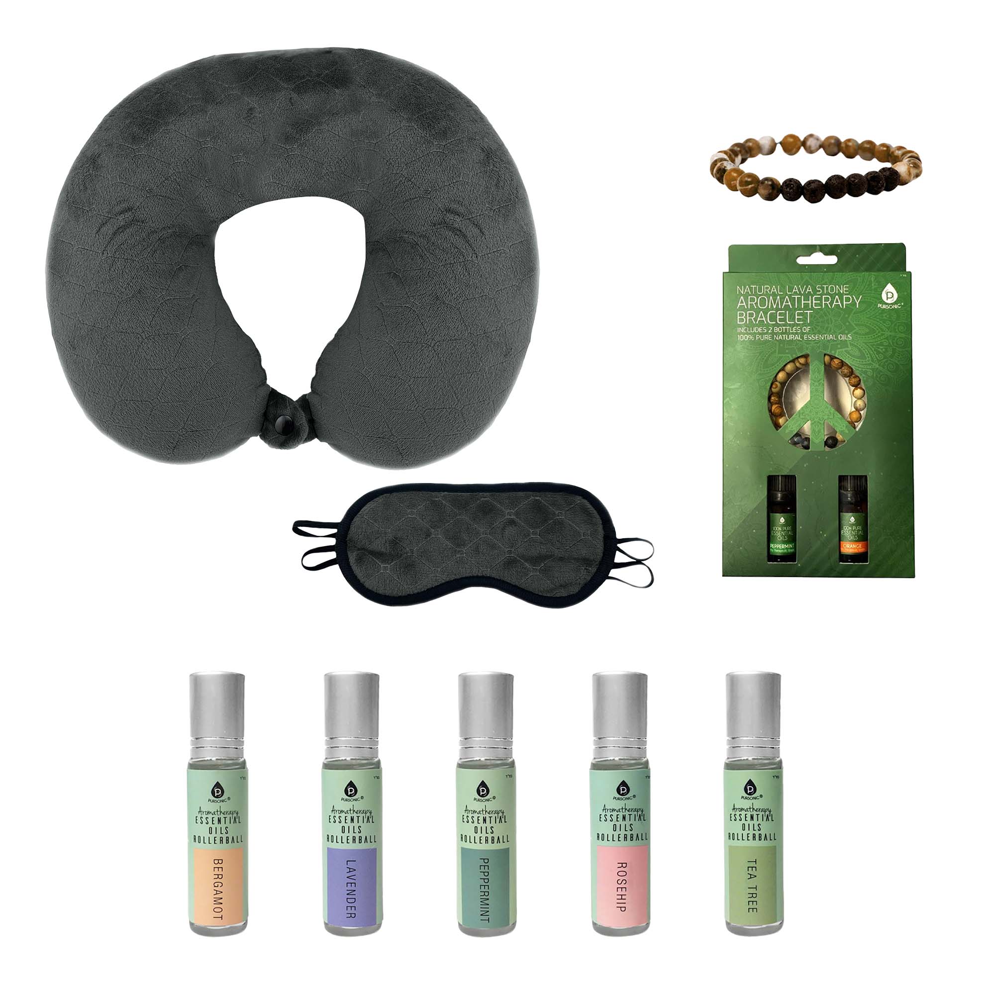 Sleep Serenity Set – Aromatherapy Rollerballs, Lava Stone Bracelet & Memory Foam Travel Pillow $42.99