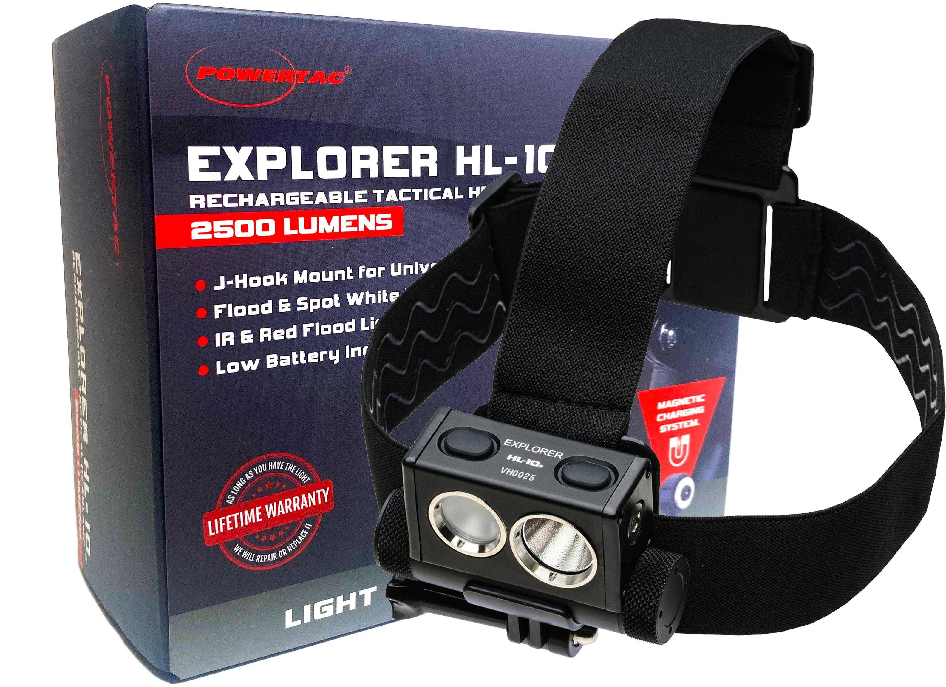 Explorer HL‑10 Tactical Headlamp — 2,550‑Lumen White/Red/IR Beam with Magnetic Charging & GoPro‑Compatible J‑Hook Mount - Day And Night Shopping