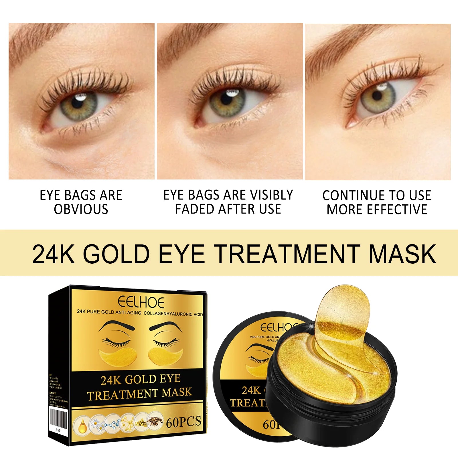 24K Gold Under‑Eye Mask (60, 120, & 180PCS) — Anti‑Dark Circles, Puffiness Reduction & Deep Hydration Eye Patches $12.99-$24.99