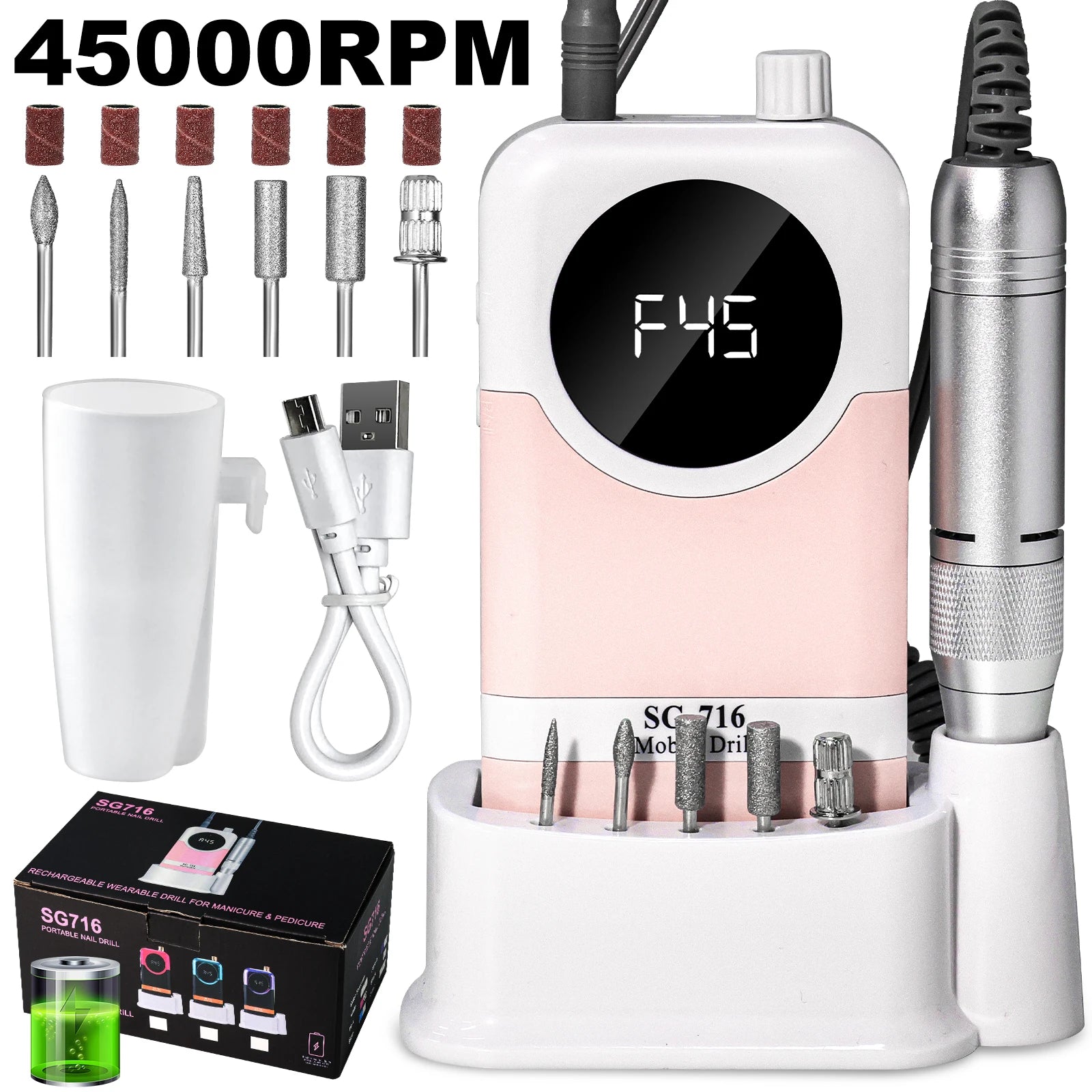45,000 RPM Cordless Professional Nail Drill – LED Display, Low‑Noise Precision Sander for Salon‑Quality Manicures  $79.99