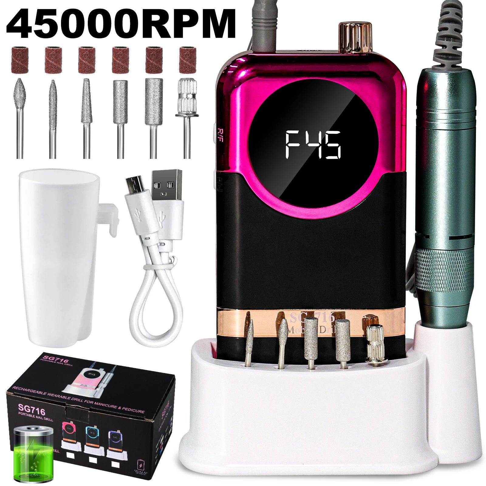 45,000 RPM Cordless Professional Nail Drill – LED Display, Low‑Noise Precision Sander for Salon‑Quality Manicures  $79.99