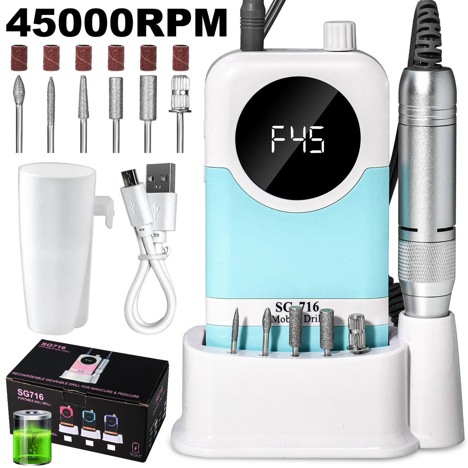 45,000 RPM Cordless Professional Nail Drill – LED Display, Low‑Noise Precision Sander for Salon‑Quality Manicures  $79.99